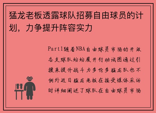 猛龙老板透露球队招募自由球员的计划，力争提升阵容实力